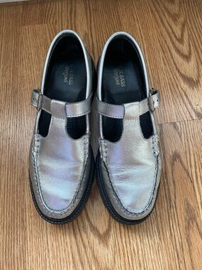 G.H. Bass & Co. Metallic Silver T-Strap Loafers